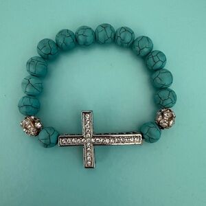 Beaded Rhinestone Side CROSS Stretch Bracelet 3”